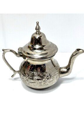 Silver Plated Ornate Moroccan Teapot Footed Metal Tea Pot Middle Eastern Decor